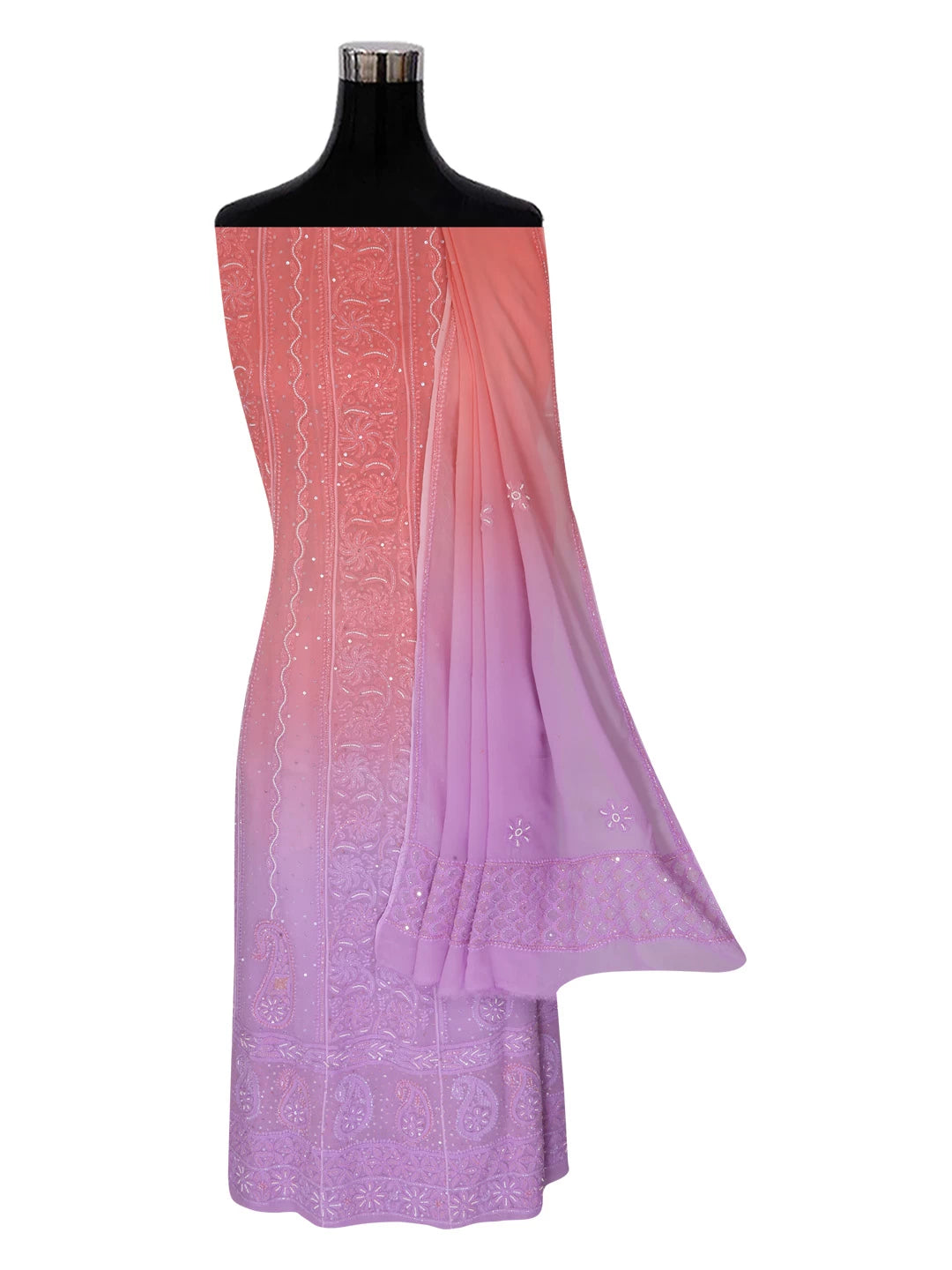 Ada Hand Embroidered Dual Shades Of Peach Georgette Lucknowi Chikankari Semi-Stitched Anarkali Kurta Dupatta Set With Pearl Work 01A340758