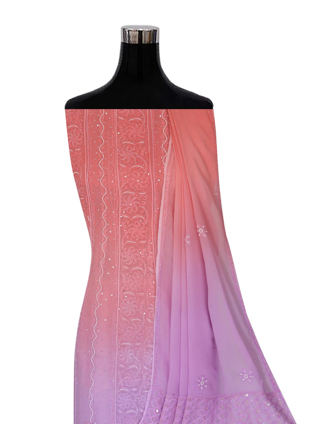 Ada Hand Embroidered Dual Shades Of Peach Georgette Lucknowi Chikankari Semi-Stitched Anarkali Kurta Dupatta Set With Pearl Work 01A340758