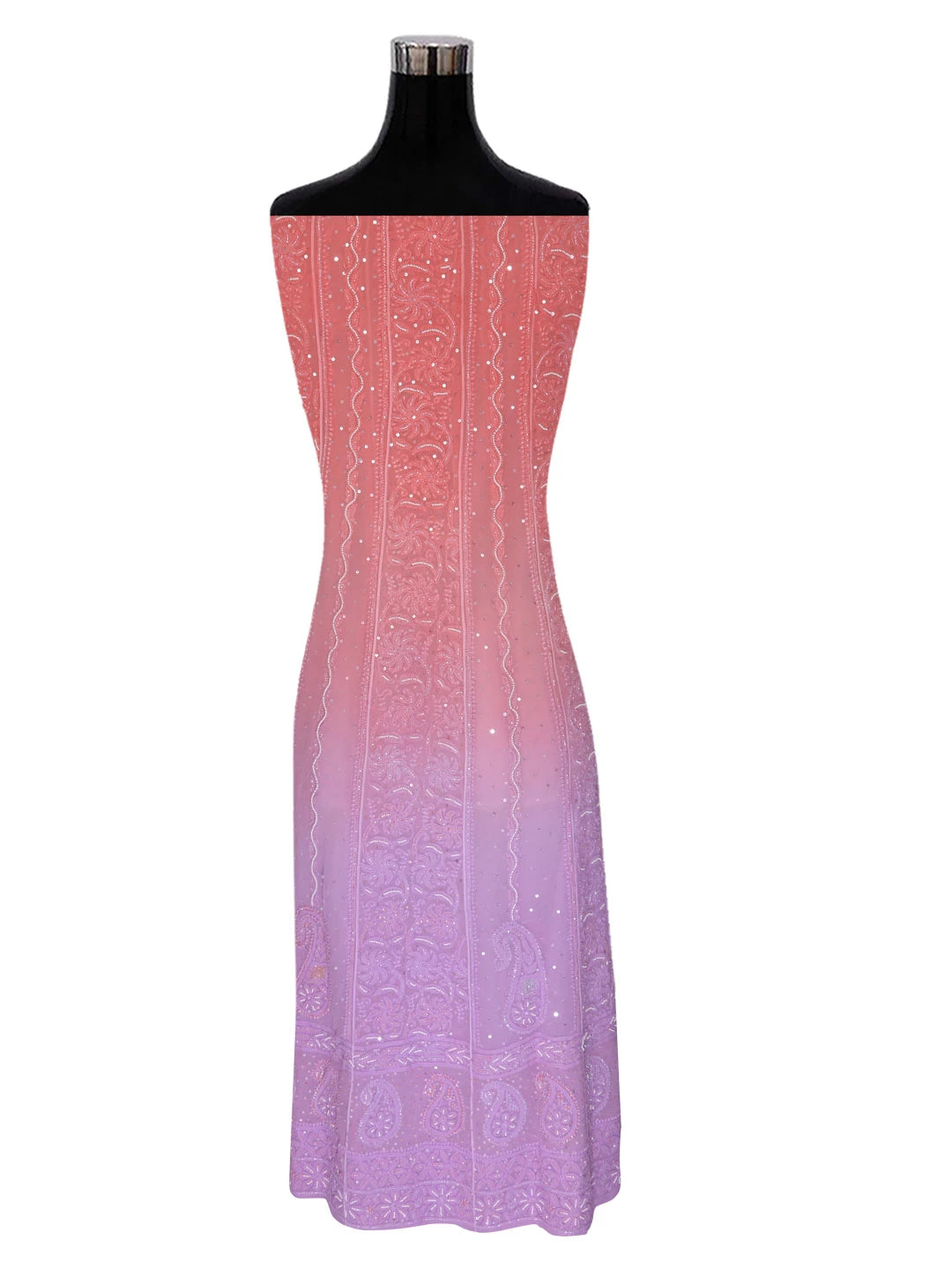 Ada Hand Embroidered Dual Shades Of Peach Georgette Lucknowi Chikankari Semi-Stitched Anarkali Kurta Dupatta Set With Pearl Work 01A340758