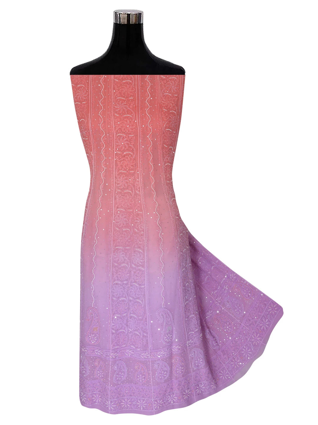 Ada Hand Embroidered Dual Shades Of Peach Georgette Lucknowi Chikankari Semi-Stitched Anarkali Kurta Dupatta Set With Pearl Work 01A340758