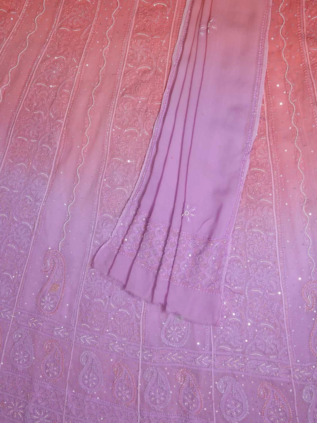 Ada Hand Embroidered Dual Shades Of Peach Georgette Lucknowi Chikankari Semi-Stitched Anarkali Kurta Dupatta Set With Pearl Work 01A340758