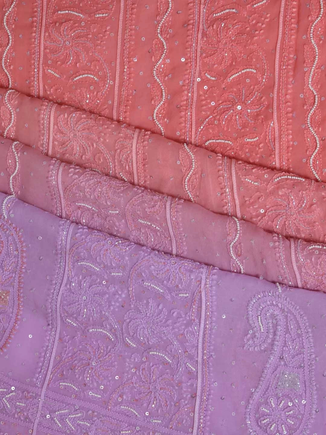 Ada Hand Embroidered Dual Shades Of Peach Georgette Lucknowi Chikankari Semi-Stitched Anarkali Kurta Dupatta Set With Pearl Work 01A340758