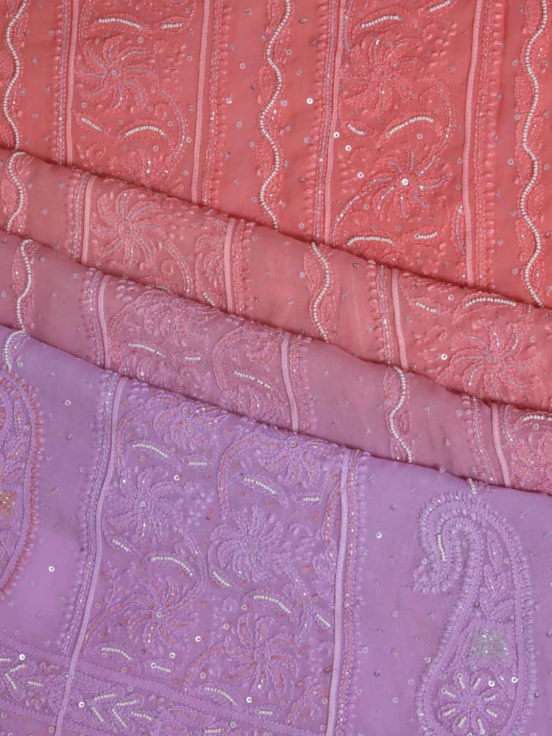 Ada Hand Embroidered Dual Shades Of Peach Georgette Lucknowi Chikankari Semi-Stitched Anarkali Kurta Dupatta Set With Pearl Work 01A340758