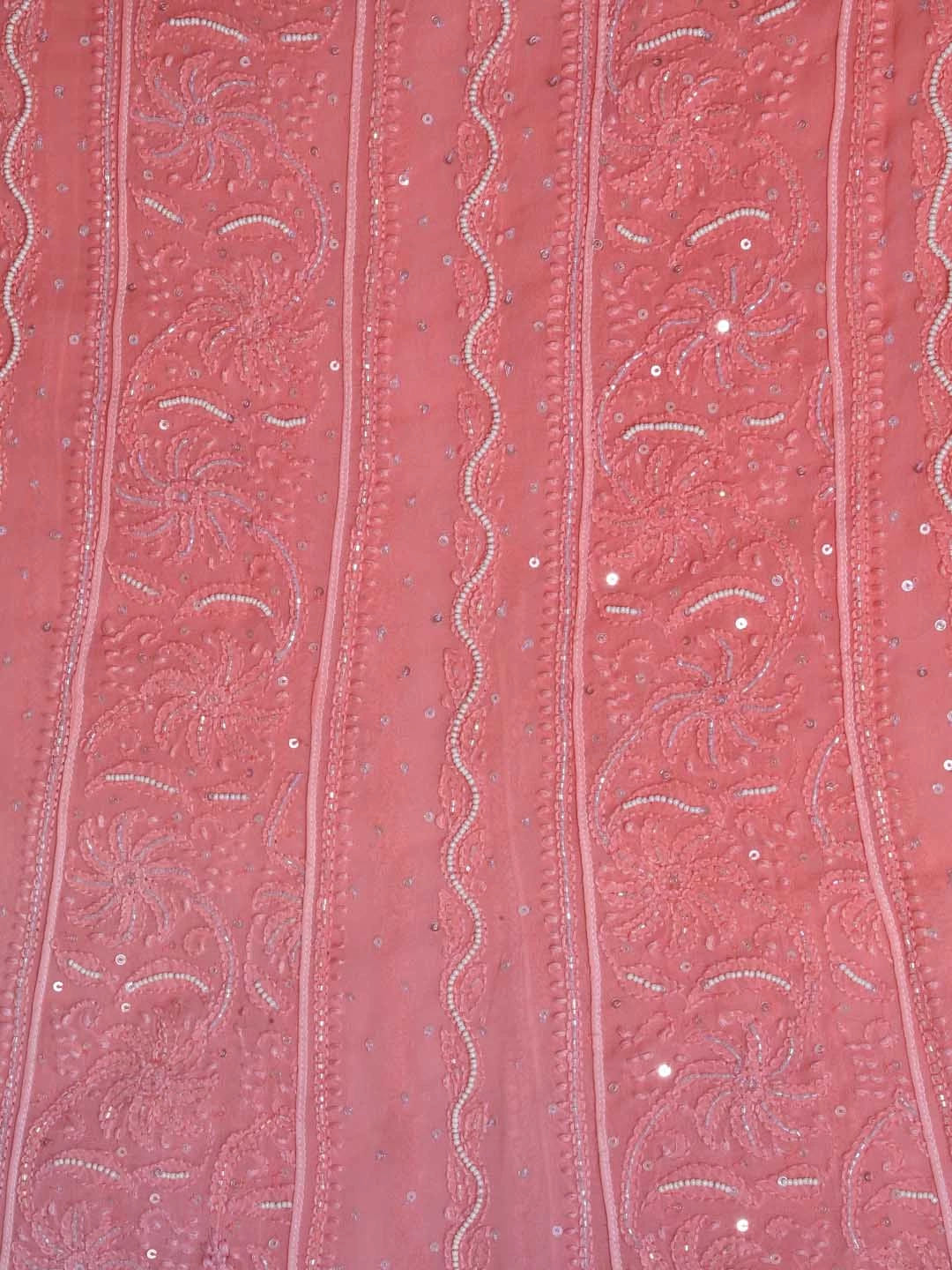 Ada Hand Embroidered Dual Shades Of Peach Georgette Lucknowi Chikankari Semi-Stitched Anarkali Kurta Dupatta Set With Pearl Work 01A340758