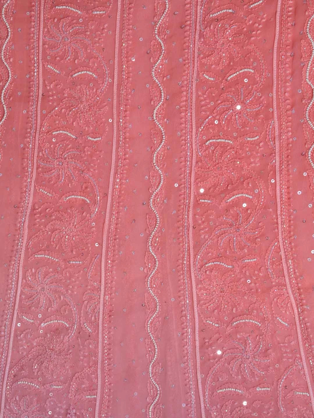 Ada Hand Embroidered Dual Shades Of Peach Georgette Lucknowi Chikankari Semi-Stitched Anarkali Kurta Dupatta Set With Pearl Work 01A340758