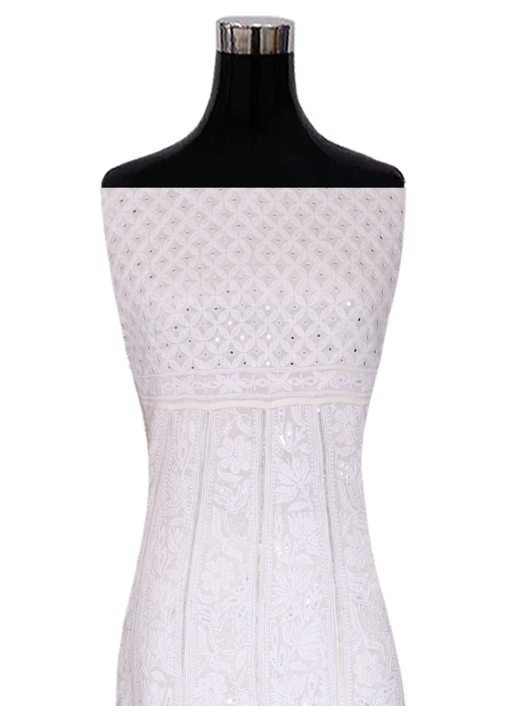 Ada Hand Embroidered White Pure Georgette Lucknowi Chikankari Semi-Stitched Anarkali Kurta Dupatta Set With Mirror Work 01A365438