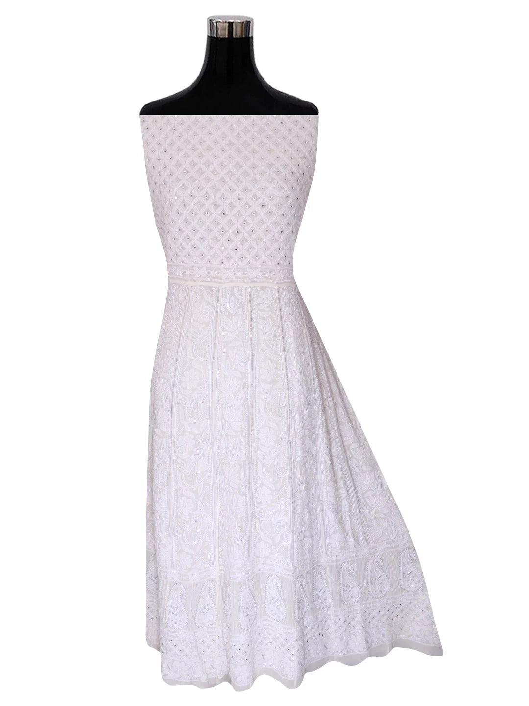 Ada Hand Embroidered White Pure Georgette Lucknowi Chikankari Semi-Stitched Anarkali Kurta Dupatta Set With Mirror Work 01A365438