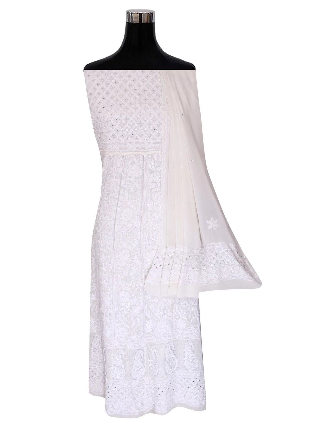 Ada Hand Embroidered White Pure Georgette Lucknowi Chikankari Semi-Stitched Anarkali Kurta Dupatta Set With Mirror Work 01A365438