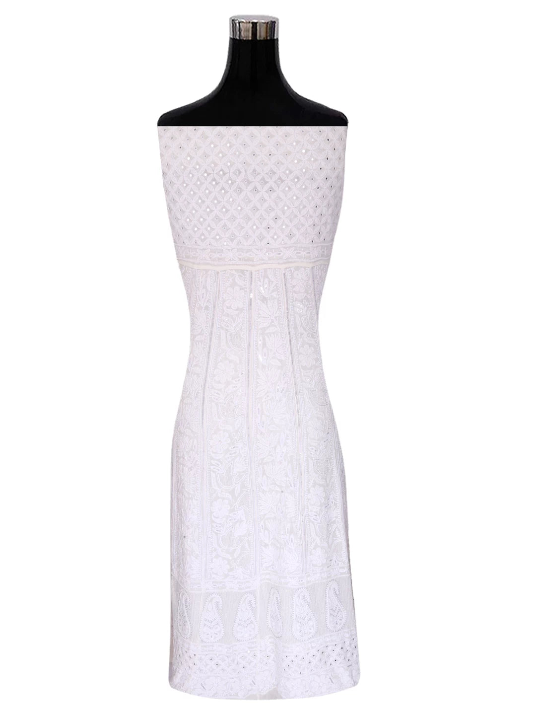 Ada Hand Embroidered White Pure Georgette Lucknowi Chikankari Semi-Stitched Anarkali Kurta Dupatta Set With Mirror Work 01A365438