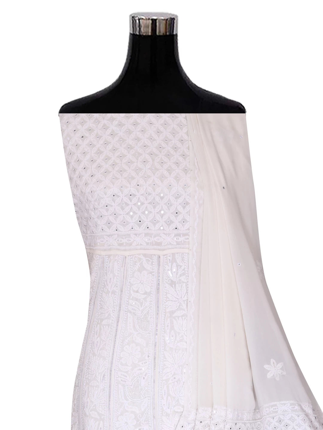 Ada Hand Embroidered White Pure Georgette Lucknowi Chikankari Semi-Stitched Anarkali Kurta Dupatta Set With Mirror Work 01A365438