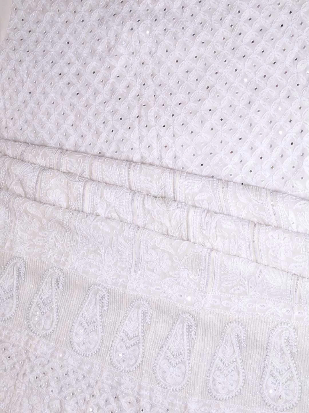 Ada Hand Embroidered White Pure Georgette Lucknowi Chikankari Semi-Stitched Anarkali Kurta Dupatta Set With Mirror Work 01A365438