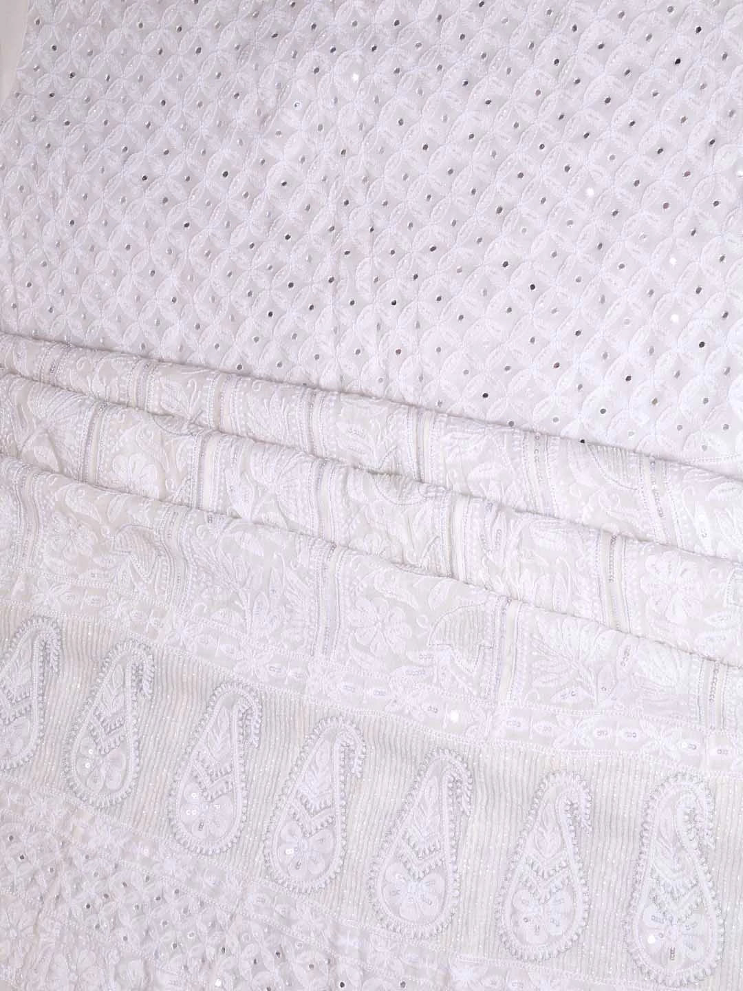 Ada Hand Embroidered White Pure Georgette Lucknowi Chikankari Semi-Stitched Anarkali Kurta Dupatta Set With Mirror Work 01A365438