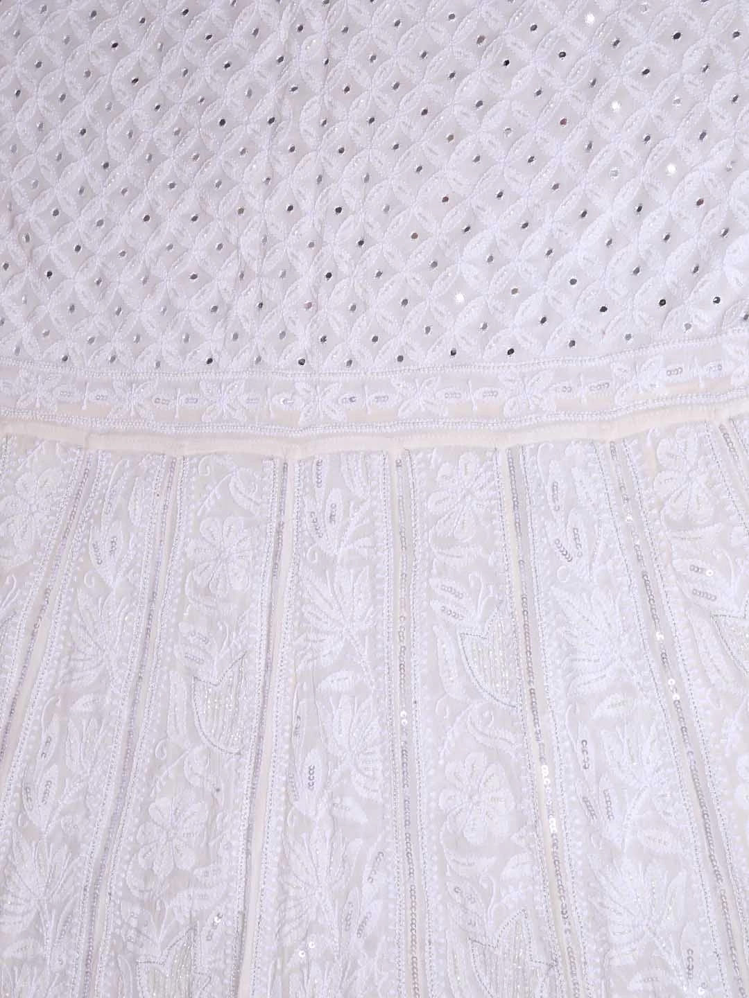 Ada Hand Embroidered White Pure Georgette Lucknowi Chikankari Semi-Stitched Anarkali Kurta Dupatta Set With Mirror Work 01A365438