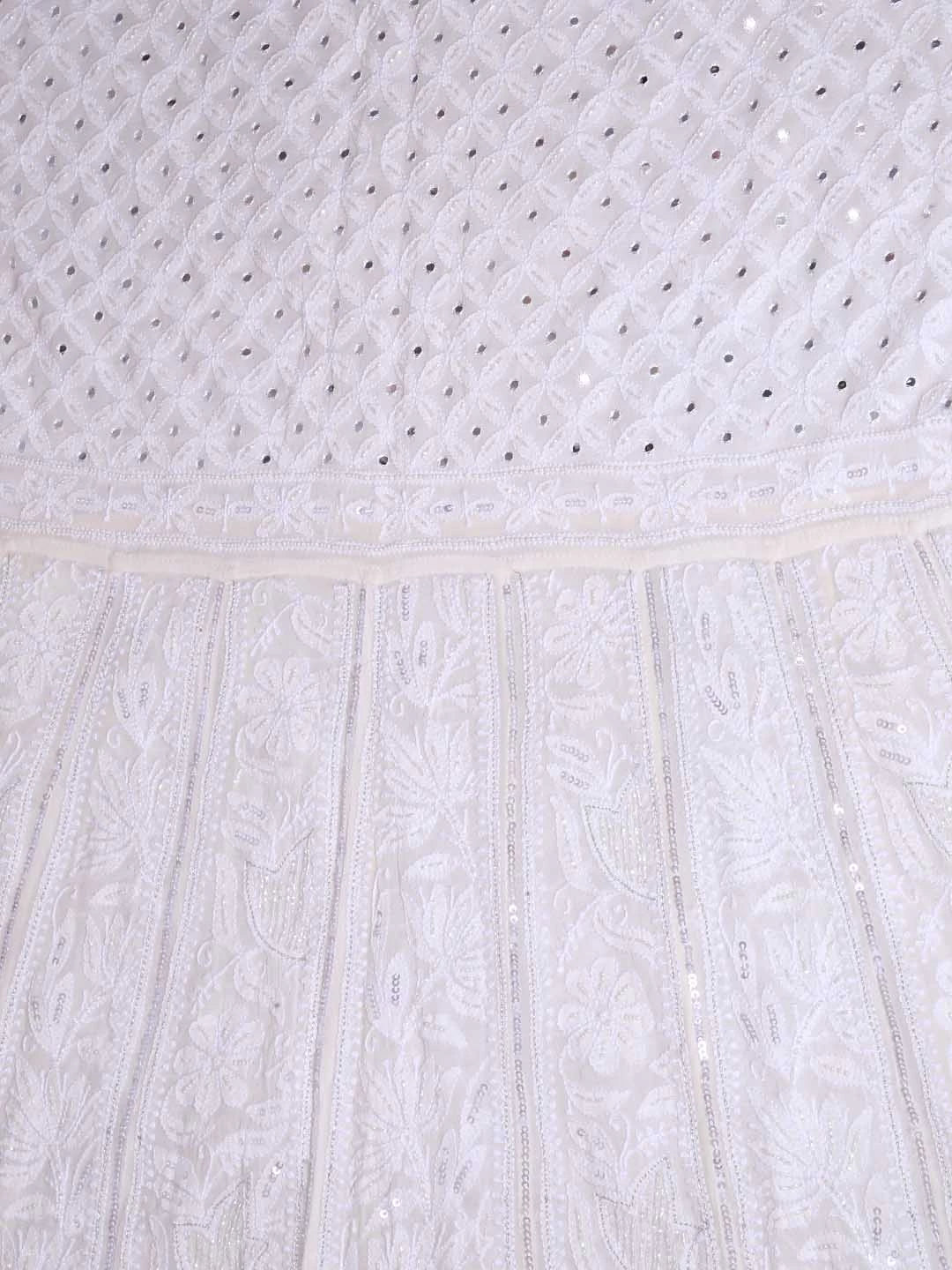 Ada Hand Embroidered White Pure Georgette Lucknowi Chikankari Semi-Stitched Anarkali Kurta Dupatta Set With Mirror Work 01A365438