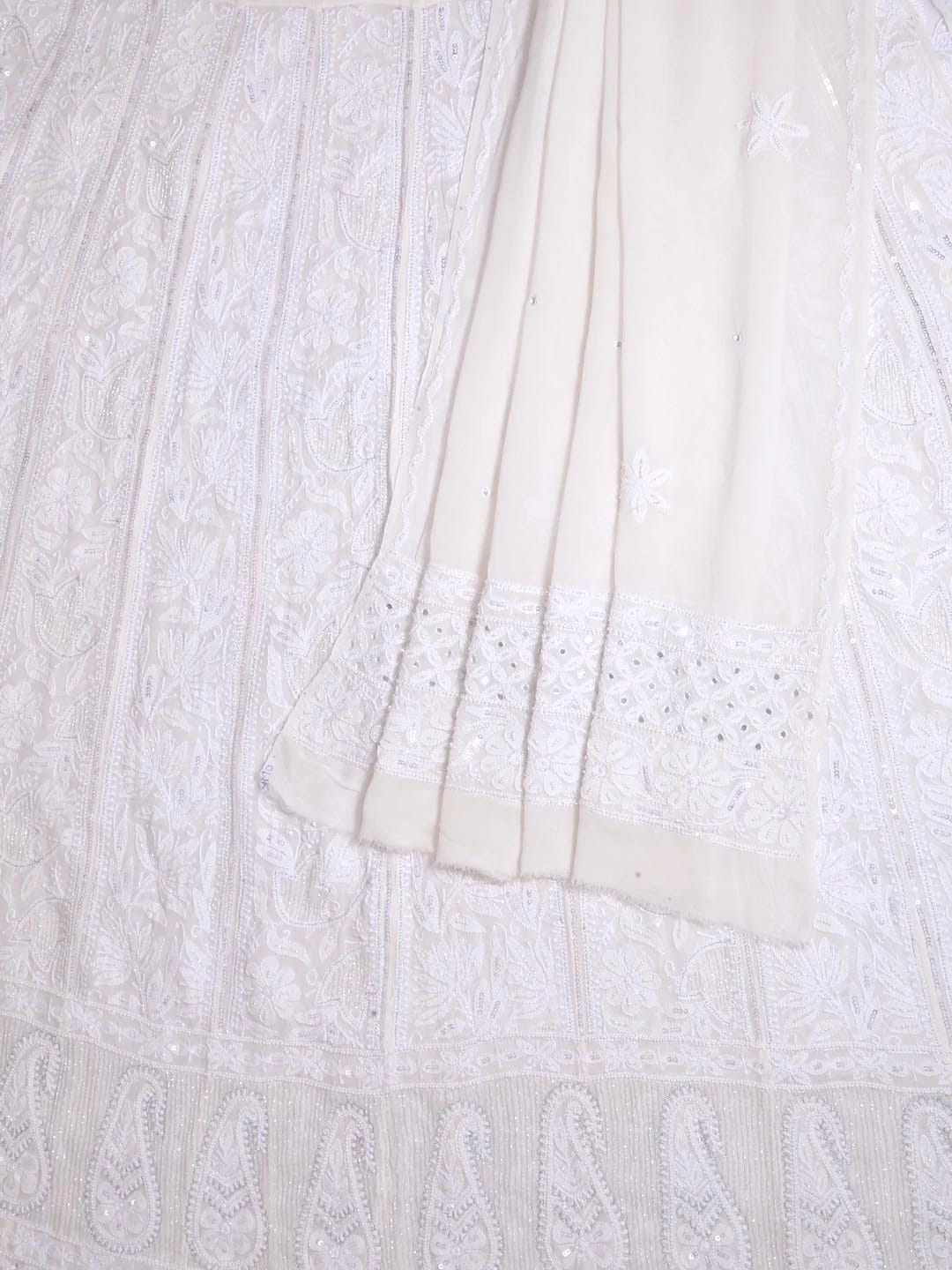 Ada Hand Embroidered White Pure Georgette Lucknowi Chikankari Semi-Stitched Anarkali Kurta Dupatta Set With Mirror Work 01A365438