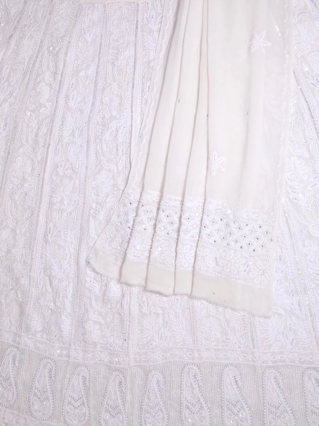 Ada Hand Embroidered White Pure Georgette Lucknowi Chikankari Semi-Stitched Anarkali Kurta Dupatta Set With Mirror Work 01A365438
