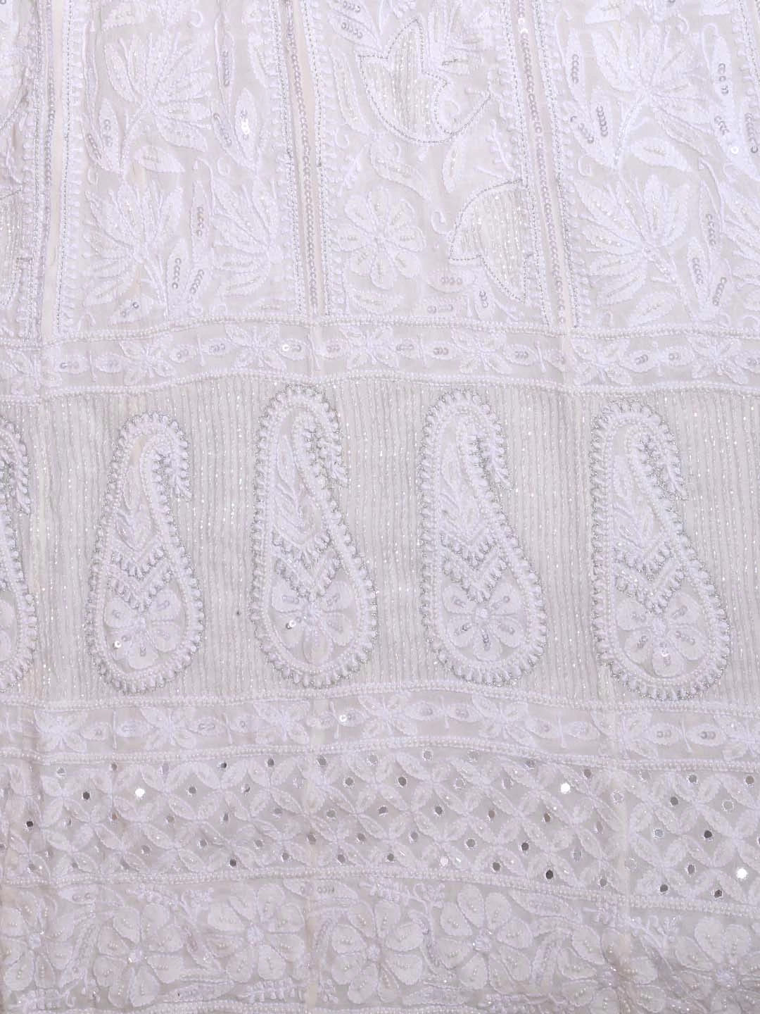 Ada Hand Embroidered White Pure Georgette Lucknowi Chikankari Semi-Stitched Anarkali Kurta Dupatta Set With Mirror Work 01A365438