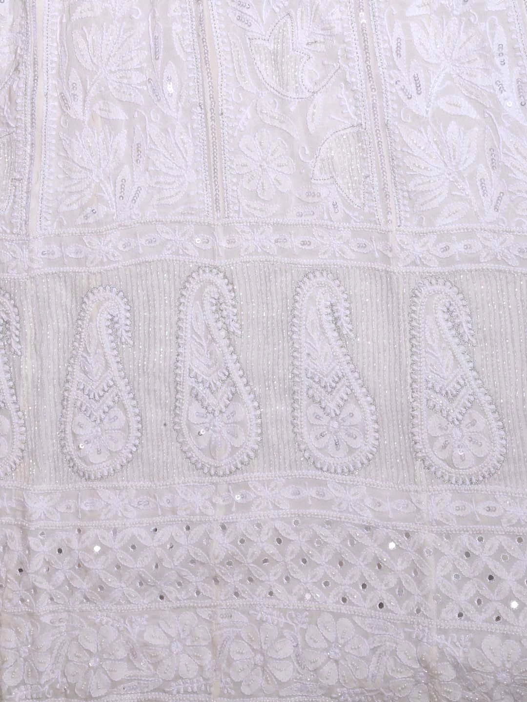Ada Hand Embroidered White Pure Georgette Lucknowi Chikankari Semi-Stitched Anarkali Kurta Dupatta Set With Mirror Work 01A365438