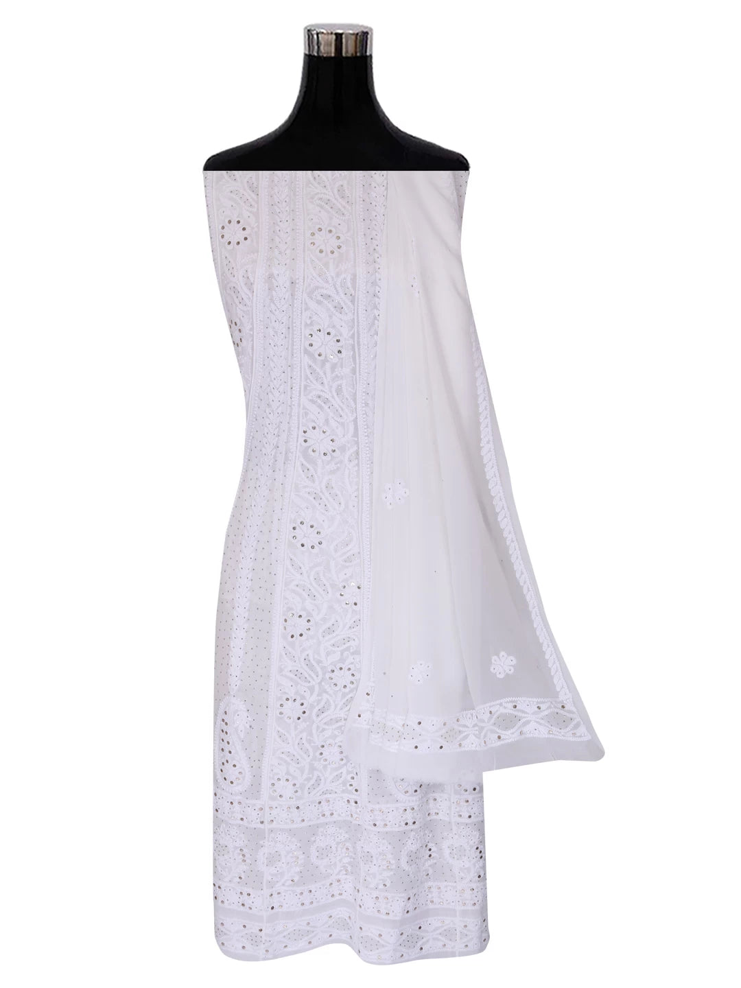Ada Hand Embroidered White Viscose Georgette Lucknowi Chikankari Semi-Stitched Anarkali Kurta Dupatta Set With Muqaish Work 01A394636