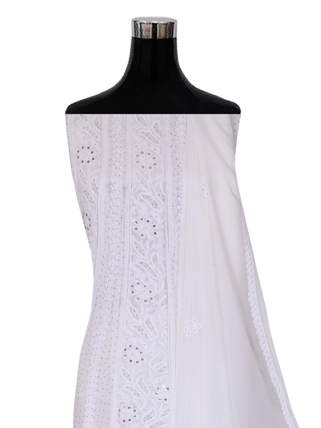 Ada Hand Embroidered White Viscose Georgette Lucknowi Chikankari Semi-Stitched Anarkali Kurta Dupatta Set With Muqaish Work 01A394636