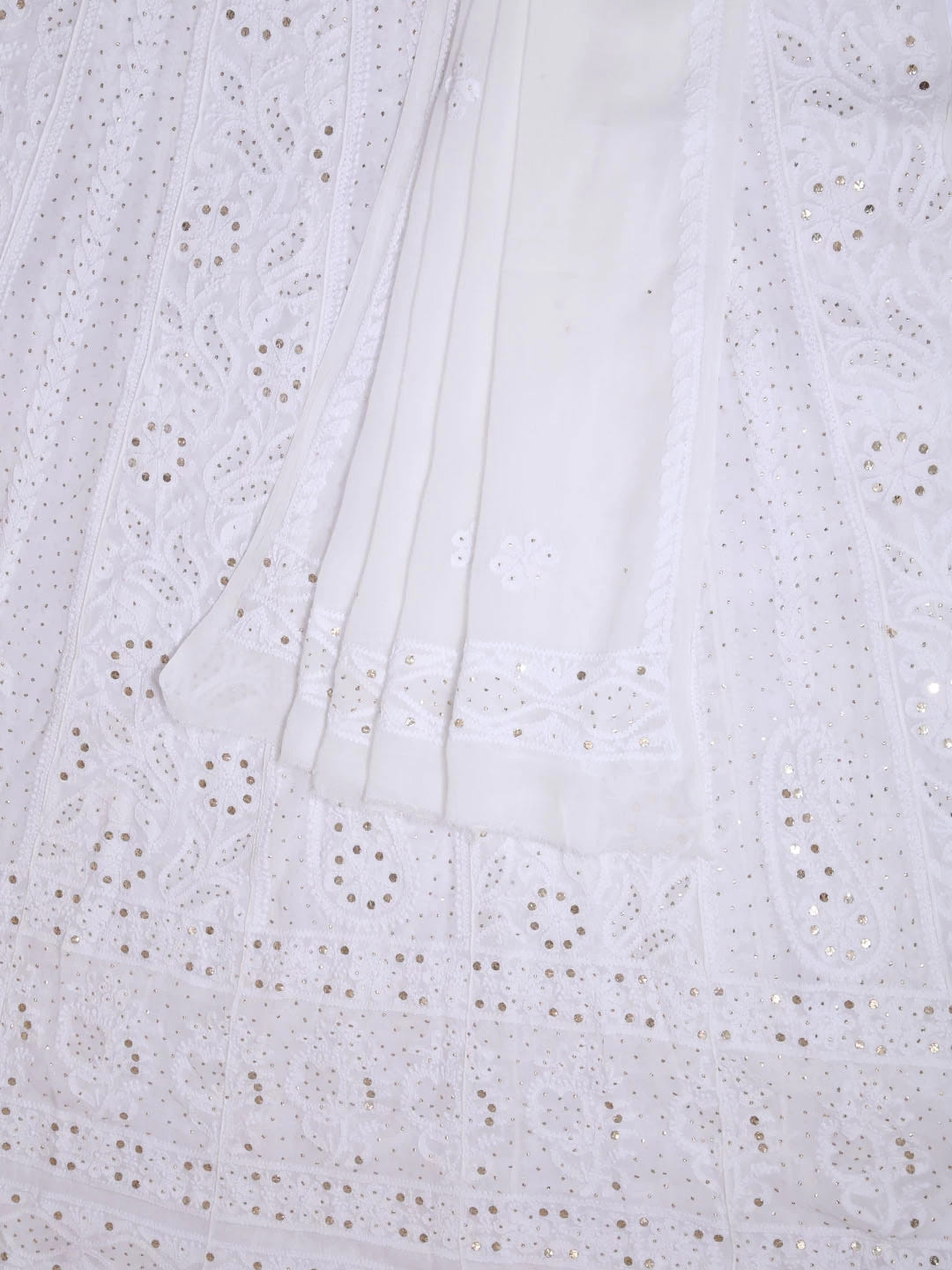 Ada Hand Embroidered White Viscose Georgette Lucknowi Chikankari Semi-Stitched Anarkali Kurta Dupatta Set With Muqaish Work 01A394636