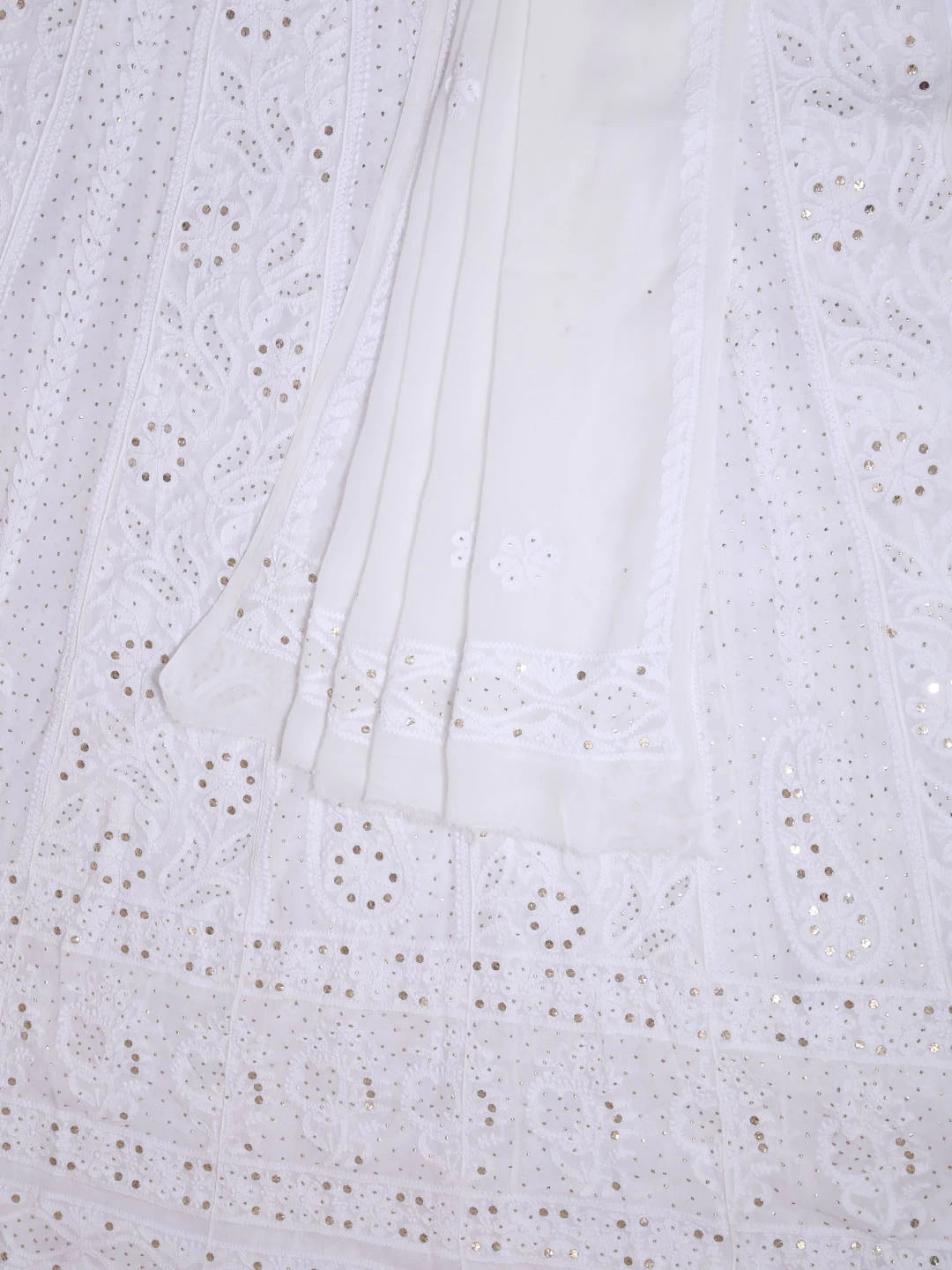 Ada Hand Embroidered White Viscose Georgette Lucknowi Chikankari Semi-Stitched Anarkali Kurta Dupatta Set With Muqaish Work 01A394636