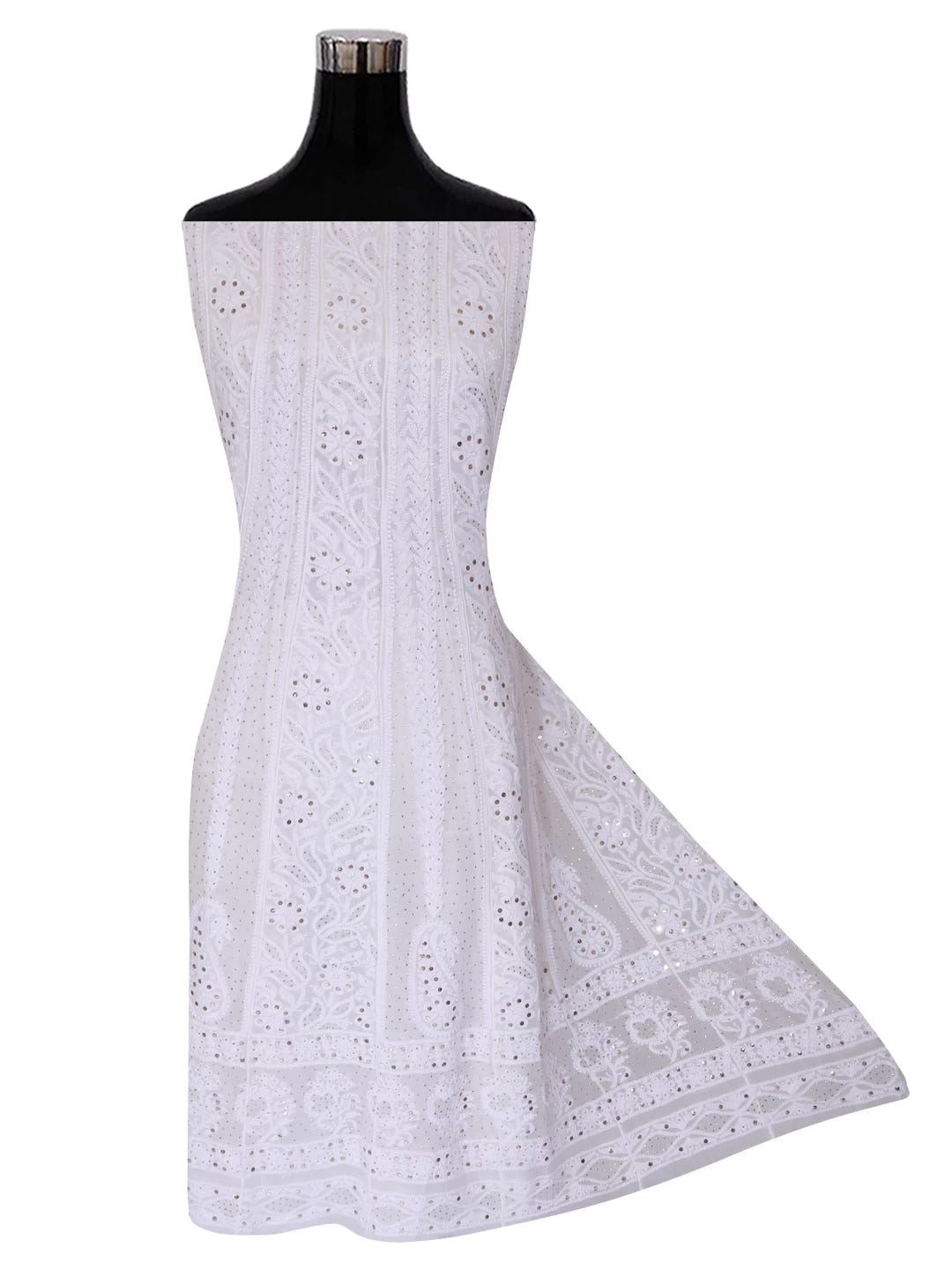 Ada Hand Embroidered White Viscose Georgette Lucknowi Chikankari Semi-Stitched Anarkali Kurta Dupatta Set With Muqaish Work 01A394636