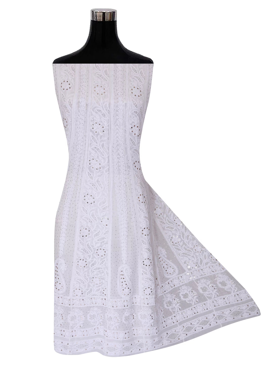 Ada Hand Embroidered White Viscose Georgette Lucknowi Chikankari Semi-Stitched Anarkali Kurta Dupatta Set With Muqaish Work 01A394636