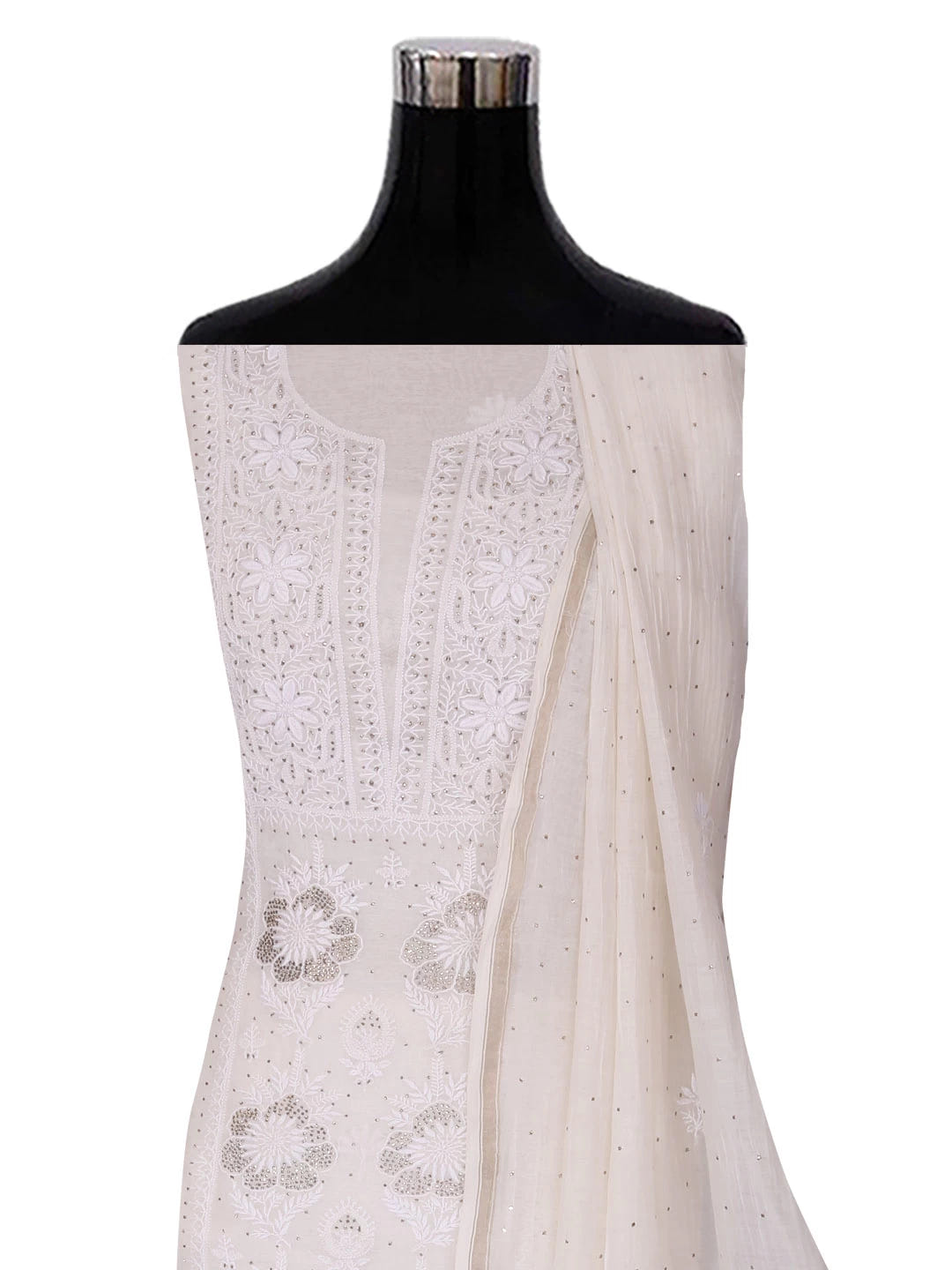Ada Hand Embroidered Off White Chanderi Lucknowi Chikankari Unstitched Kurta Dupatta Set With Muqaish Work 01A392643