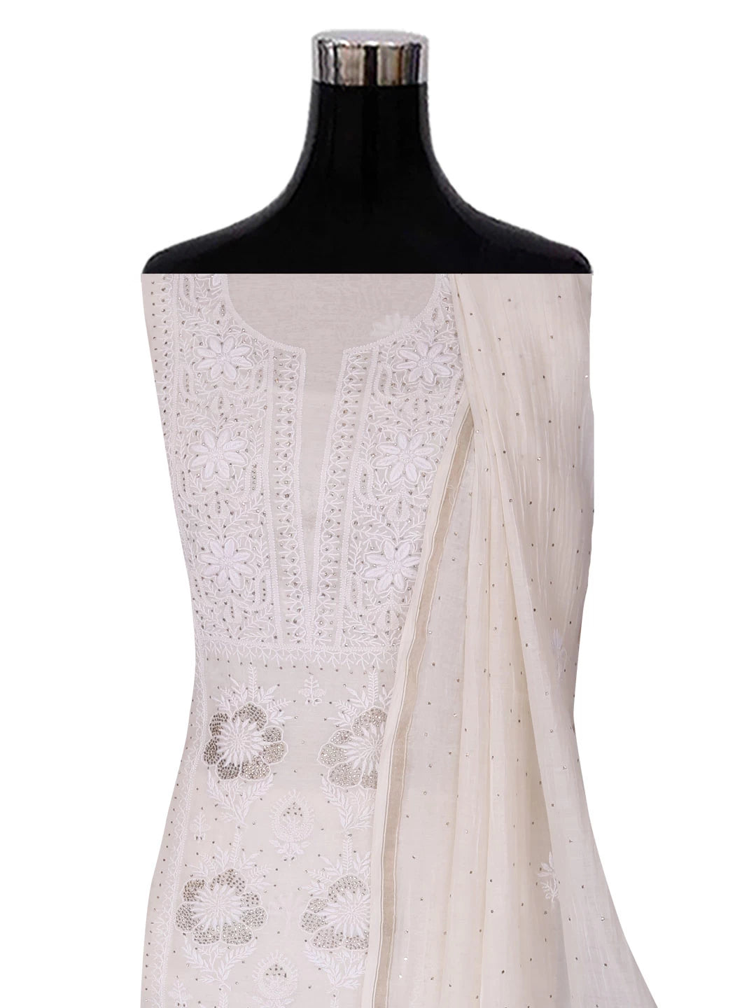 Ada Hand Embroidered Off White Chanderi Lucknowi Chikankari Unstitched Kurta Dupatta Set With Muqaish Work 01A392643
