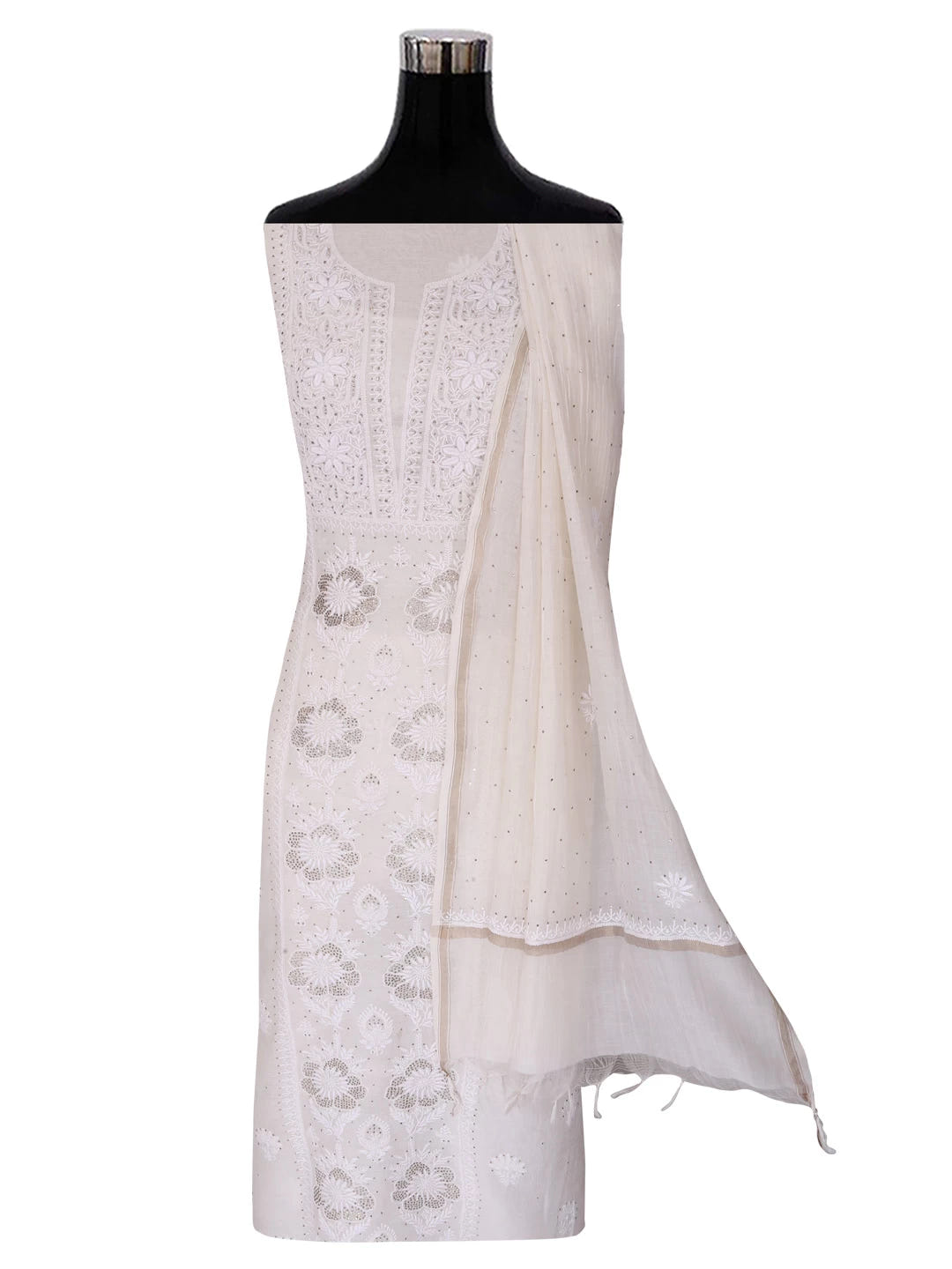 Ada Hand Embroidered Off White Chanderi Lucknowi Chikankari Unstitched Kurta Dupatta Set With Muqaish Work 01A392643
