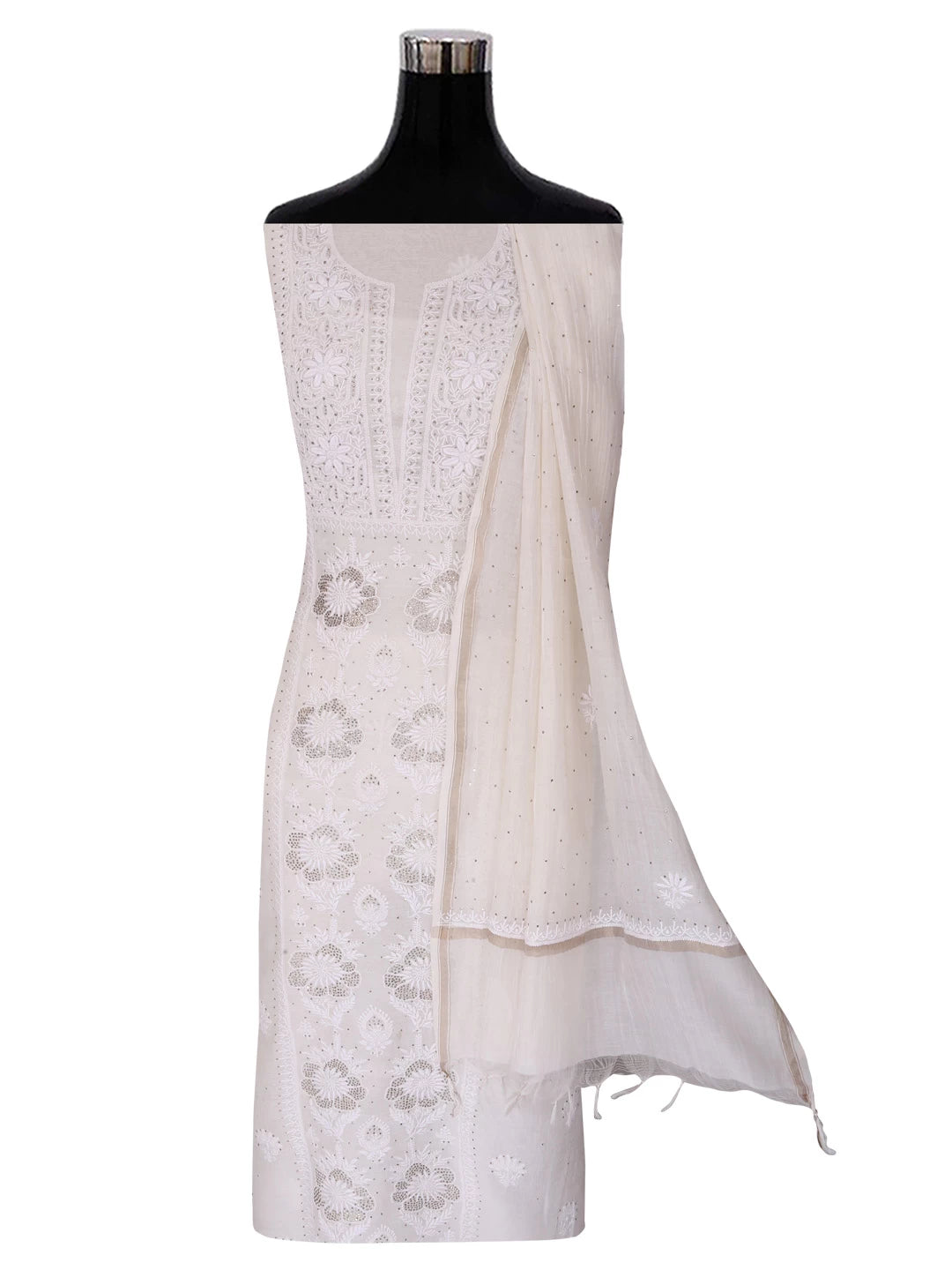 Ada Hand Embroidered Off White Chanderi Lucknowi Chikankari Unstitched Kurta Dupatta Set With Muqaish Work 01A392643