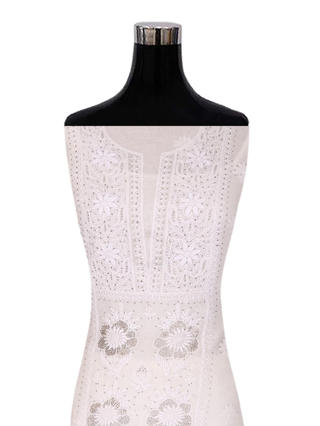 Ada Hand Embroidered Off White Chanderi Lucknowi Chikankari Unstitched Kurta Dupatta Set With Muqaish Work 01A392643