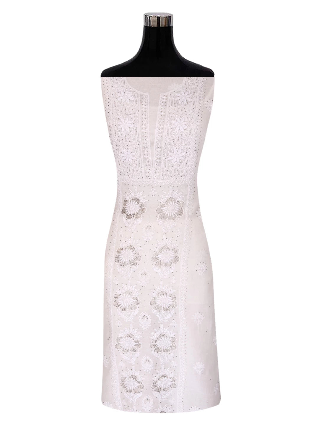 Ada Hand Embroidered Off White Chanderi Lucknowi Chikankari Unstitched Kurta Dupatta Set With Muqaish Work 01A392643