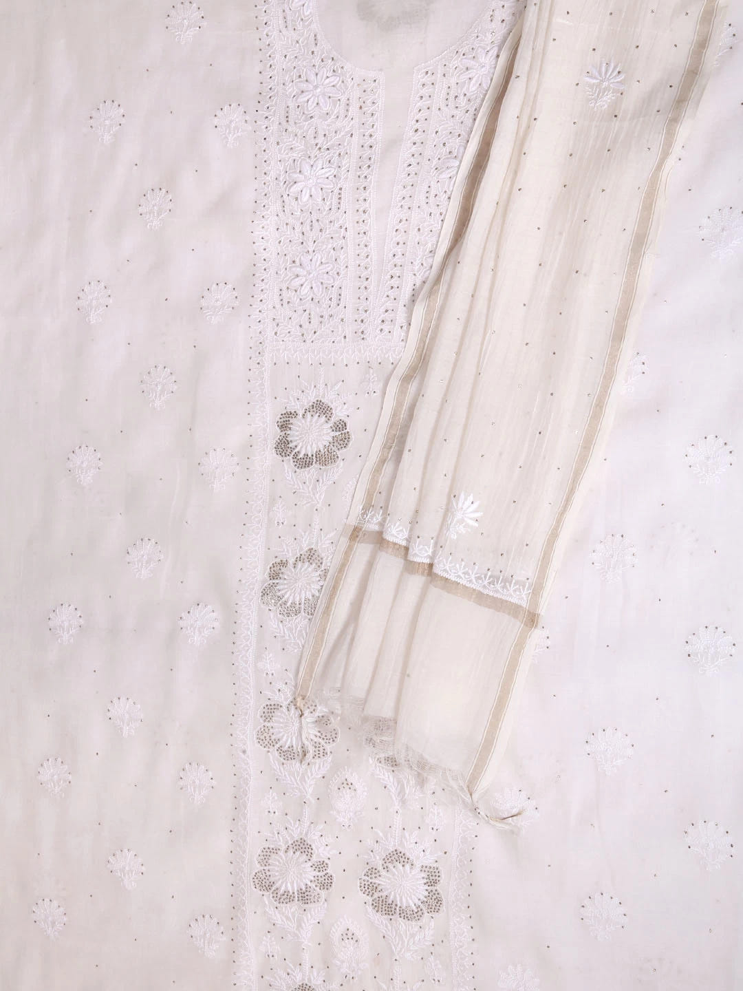 Ada Hand Embroidered Off White Chanderi Lucknowi Chikankari Unstitched Kurta Dupatta Set With Muqaish Work 01A392643
