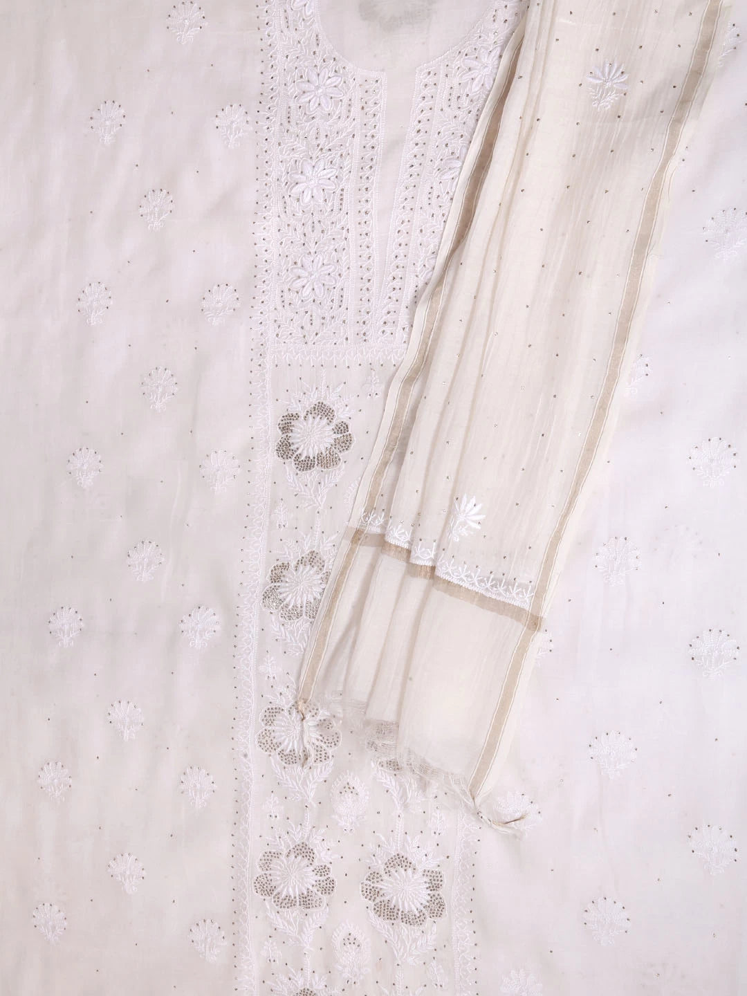 Ada Hand Embroidered Off White Chanderi Lucknowi Chikankari Unstitched Kurta Dupatta Set With Muqaish Work 01A392643