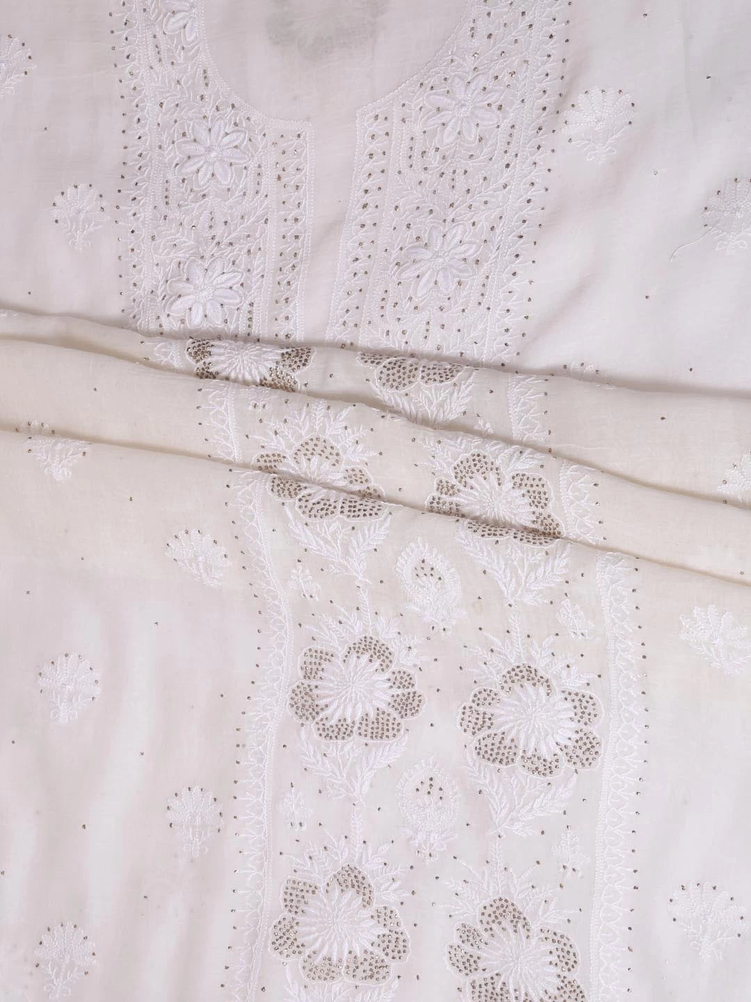 Ada Hand Embroidered Off White Chanderi Lucknowi Chikankari Unstitched Kurta Dupatta Set With Muqaish Work 01A392643