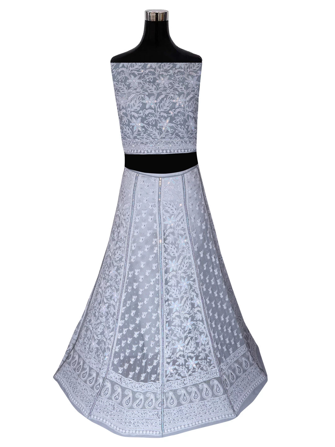 Ada Hand Embroidered Grey Georgette Lucknowi Chikankari Lehenga Set With Pearl Work 01A403449