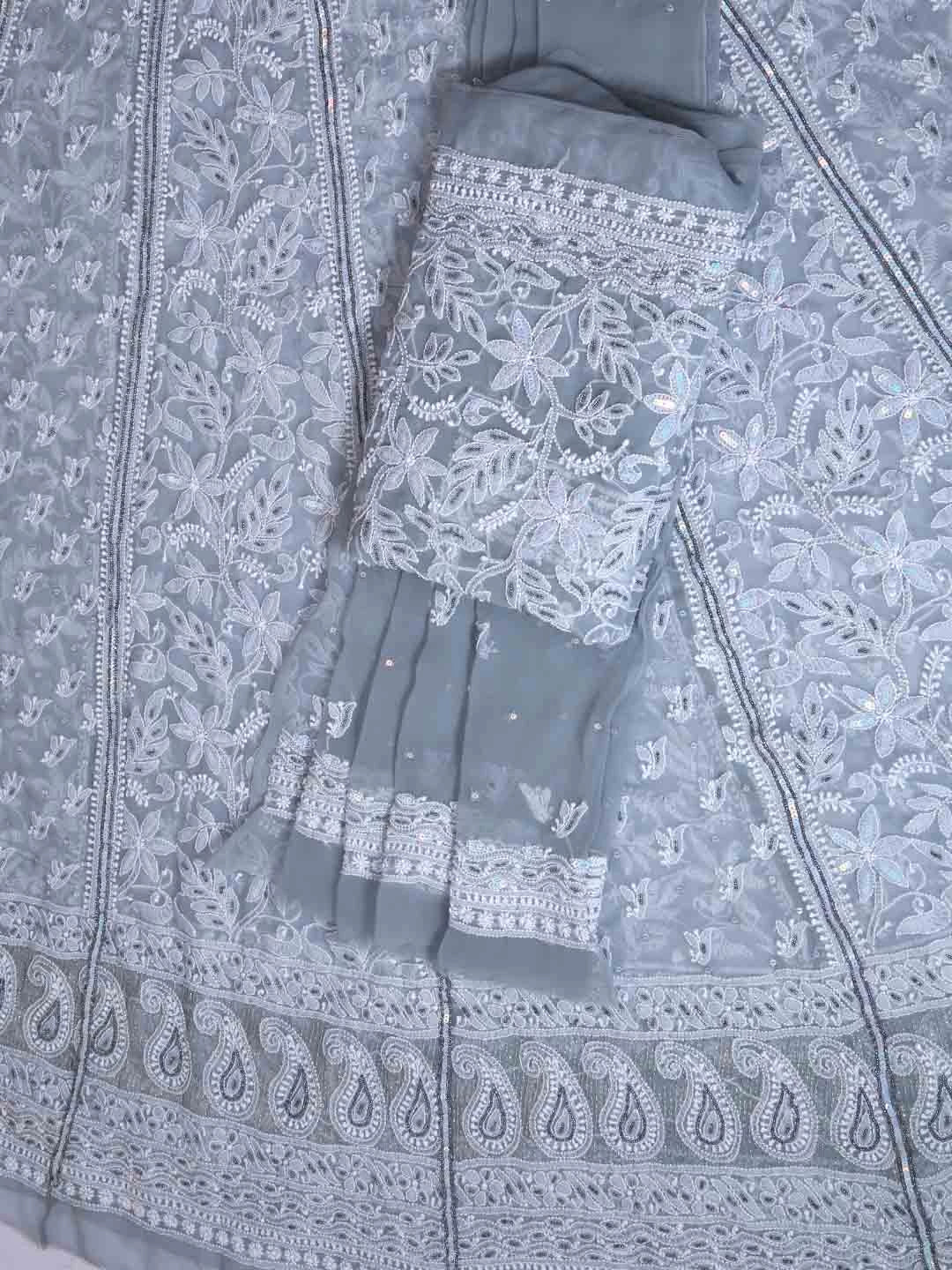 Ada Hand Embroidered Grey Georgette Lucknowi Chikankari Lehenga Set With Pearl Work 01A403449