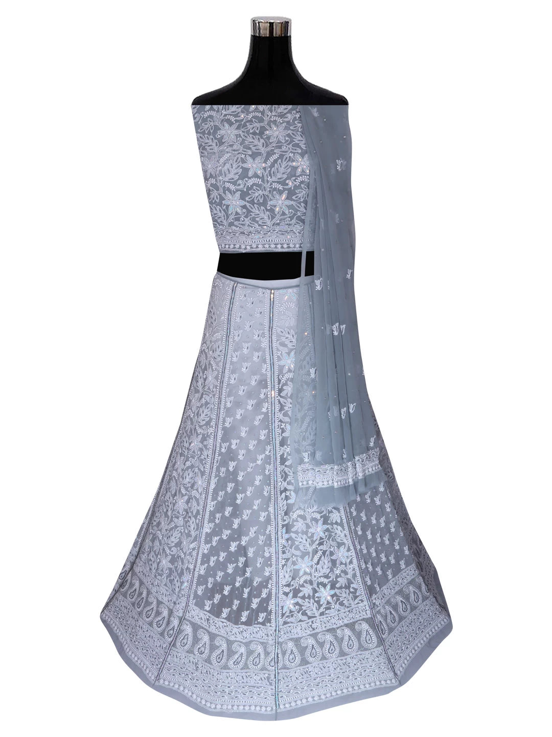 Ada Hand Embroidered Grey Georgette Lucknowi Chikankari Lehenga Set With Pearl Work 01A403449