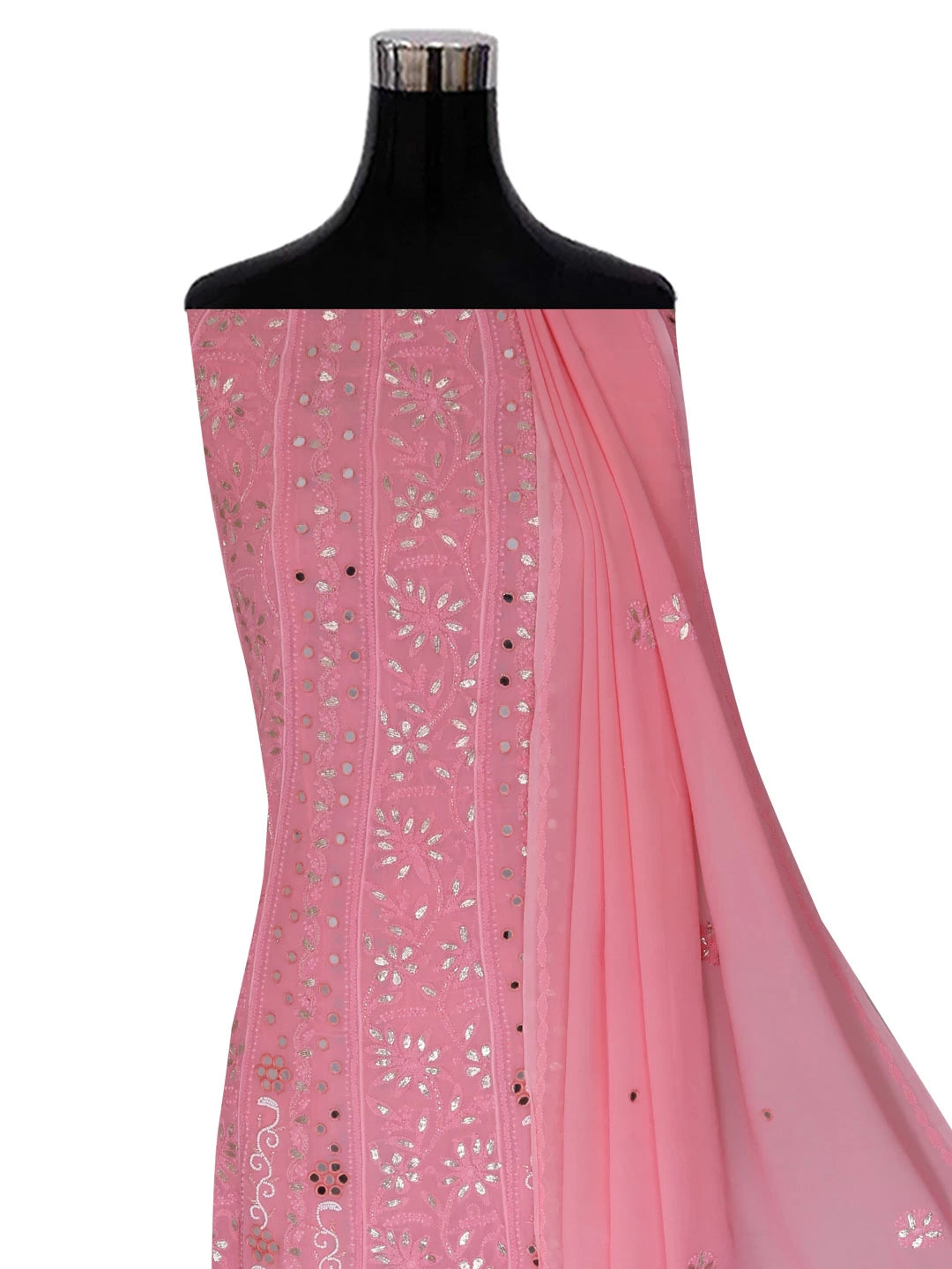 Ada Hand Embroidered Blush Pink Georgette Lucknowi Chikankari Semi-Stitched Anarkali Kurta Dupatta Set With Mirror Work 01A378719