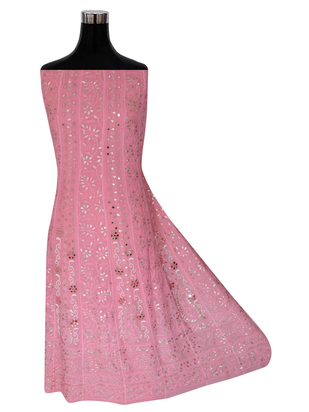 Ada Hand Embroidered Blush Pink Georgette Lucknowi Chikankari Semi-Stitched Anarkali Kurta Dupatta Set With Mirror Work 01A378719