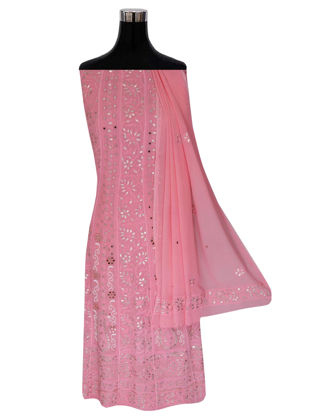 Ada Hand Embroidered Blush Pink Georgette Lucknowi Chikankari Semi-Stitched Anarkali Kurta Dupatta Set With Mirror Work 01A378719