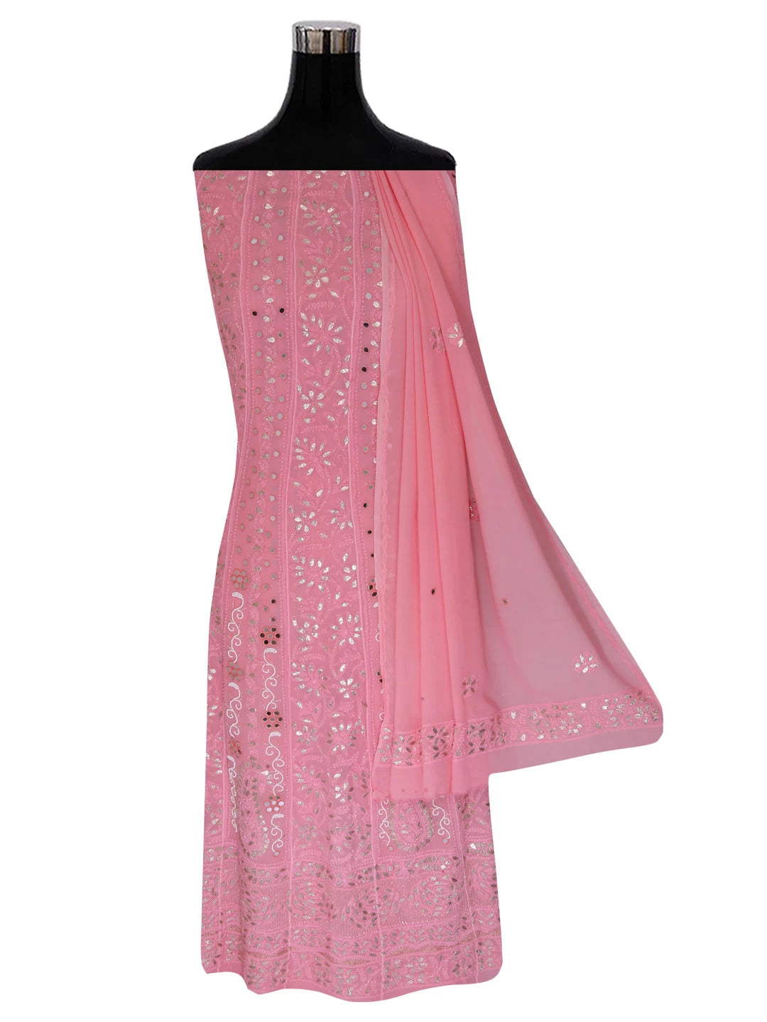 Ada Hand Embroidered Blush Pink Georgette Lucknowi Chikankari Semi-Stitched Anarkali Kurta Dupatta Set With Mirror Work 01A378719