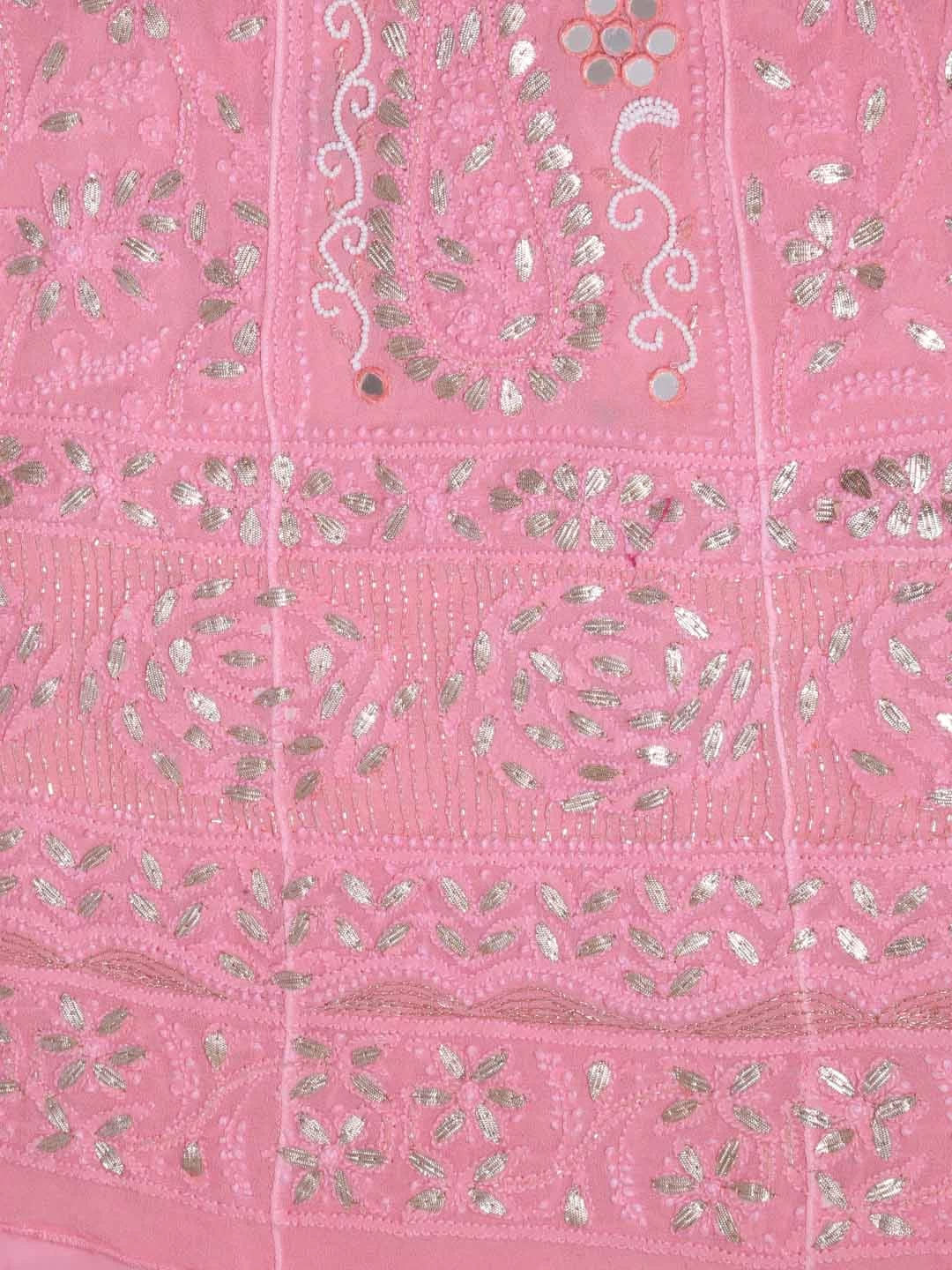Ada Hand Embroidered Blush Pink Georgette Lucknowi Chikankari Semi-Stitched Anarkali Kurta Dupatta Set With Mirror Work 01A378719