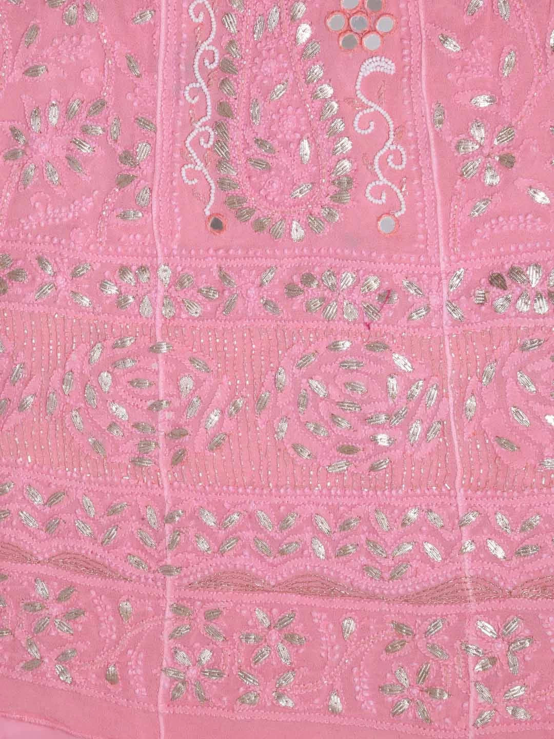 Ada Hand Embroidered Blush Pink Georgette Lucknowi Chikankari Semi-Stitched Anarkali Kurta Dupatta Set With Mirror Work 01A378719