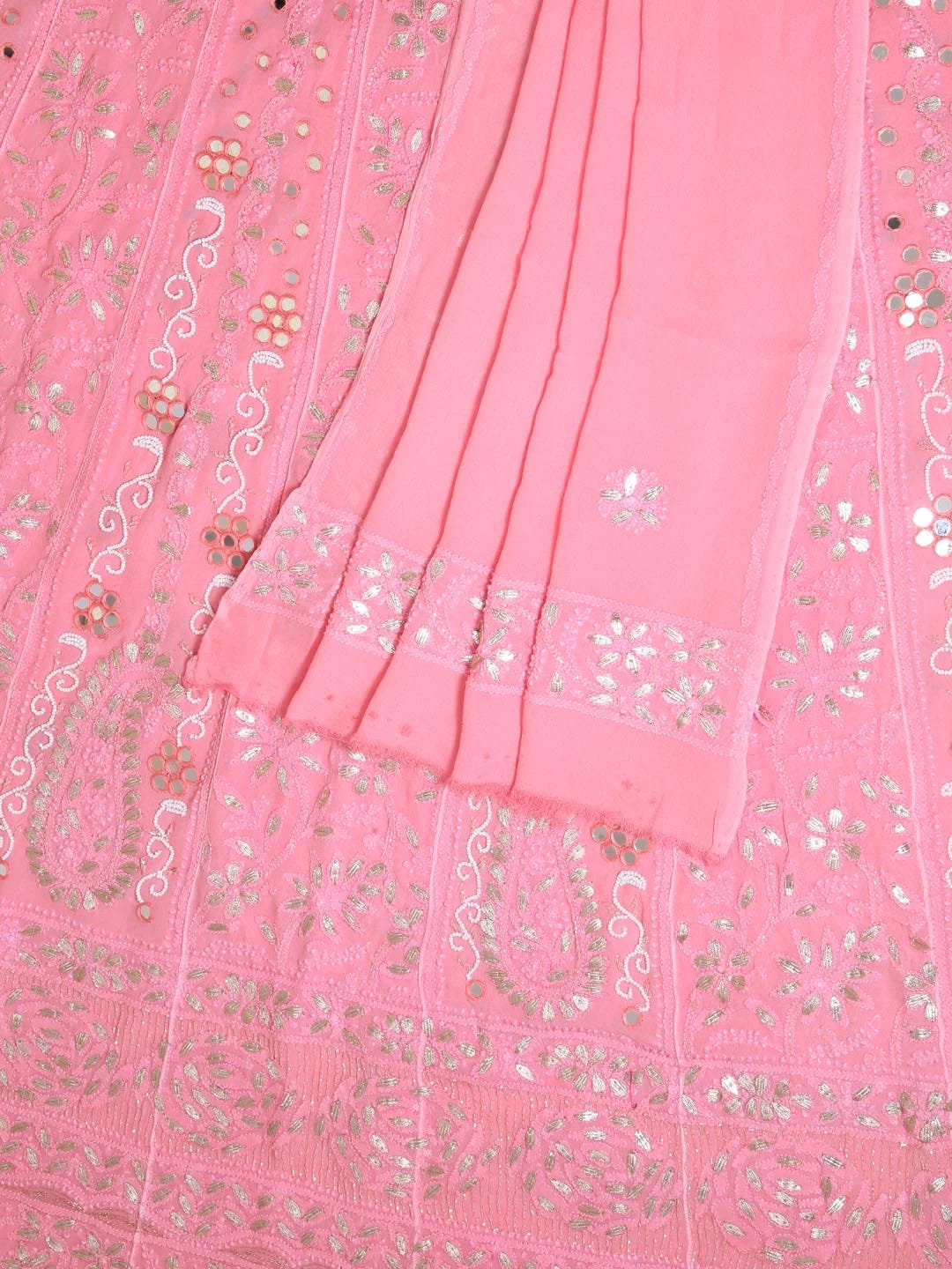 Ada Hand Embroidered Blush Pink Georgette Lucknowi Chikankari Semi-Stitched Anarkali Kurta Dupatta Set With Mirror Work 01A378719