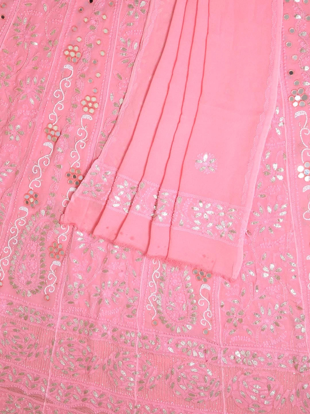 Ada Hand Embroidered Blush Pink Georgette Lucknowi Chikankari Semi-Stitched Anarkali Kurta Dupatta Set With Mirror Work 01A378719