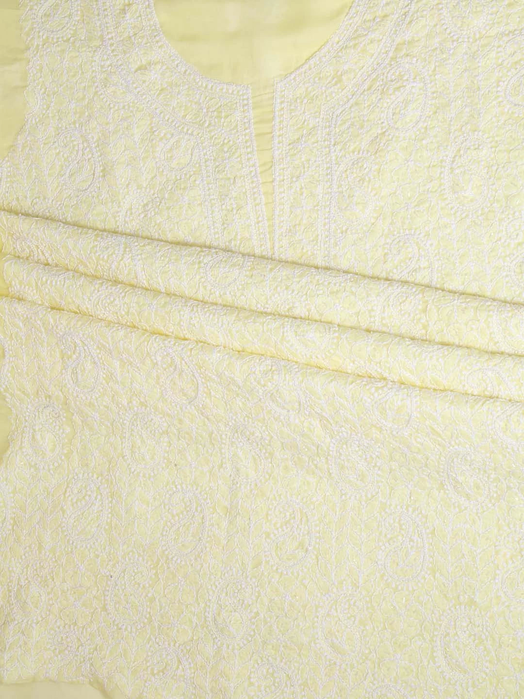 Ada Hand Embroidered Lemon Cotton Lucknowi ChikanKari Unstitched Kurta Piece 01A409194