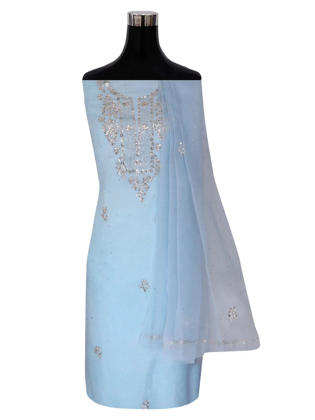 Ada Hand Embroidered Mint Blue Organza Lucknowi Chikankari Unstitched Kurta Dupatta Set With Mukaish Work 01A185723